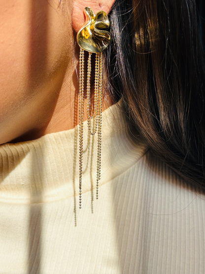 Metal Leaf and Tassel Dangler Earrings