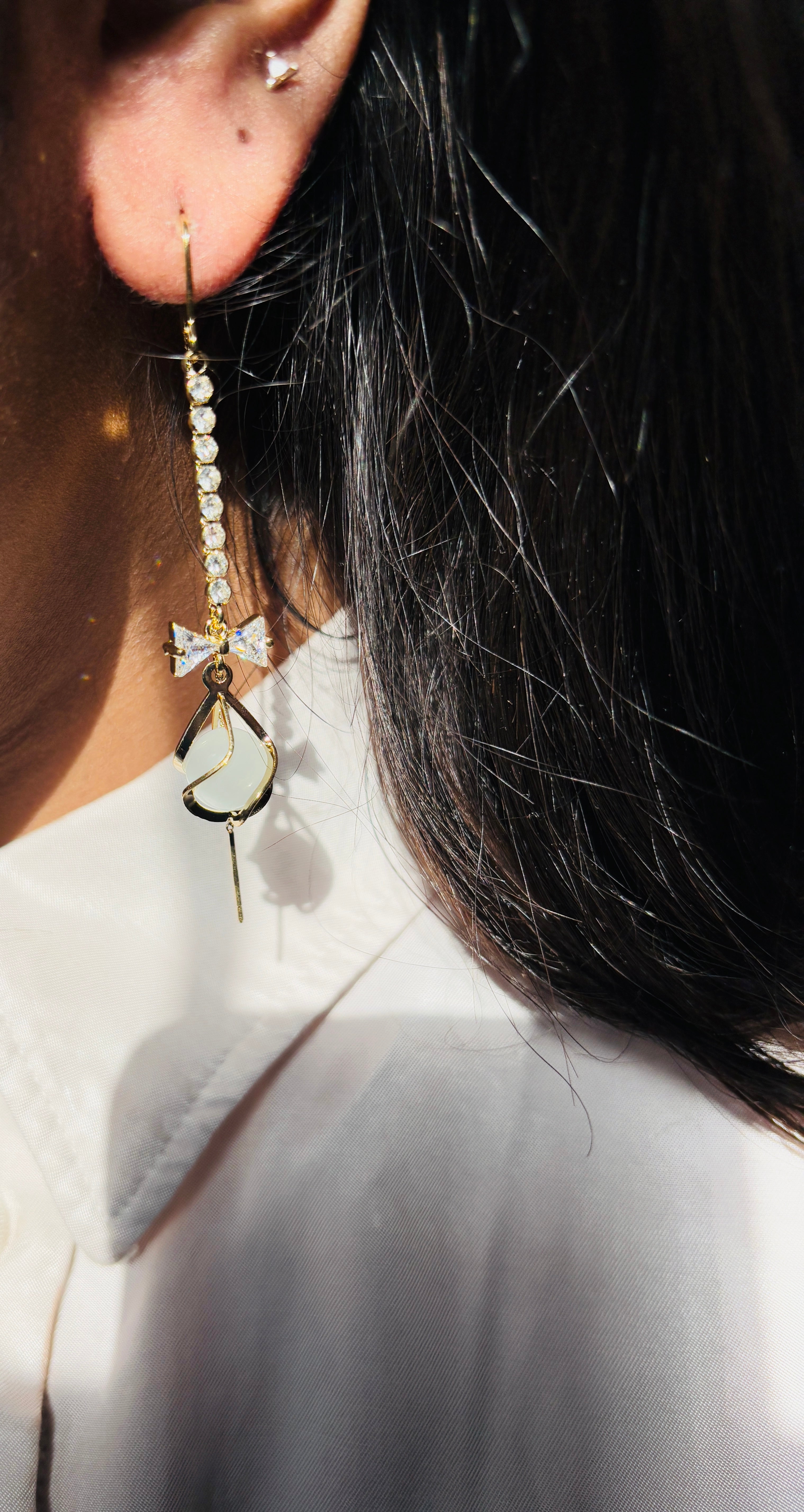 Crystal Bow Thread and Needle Earrings