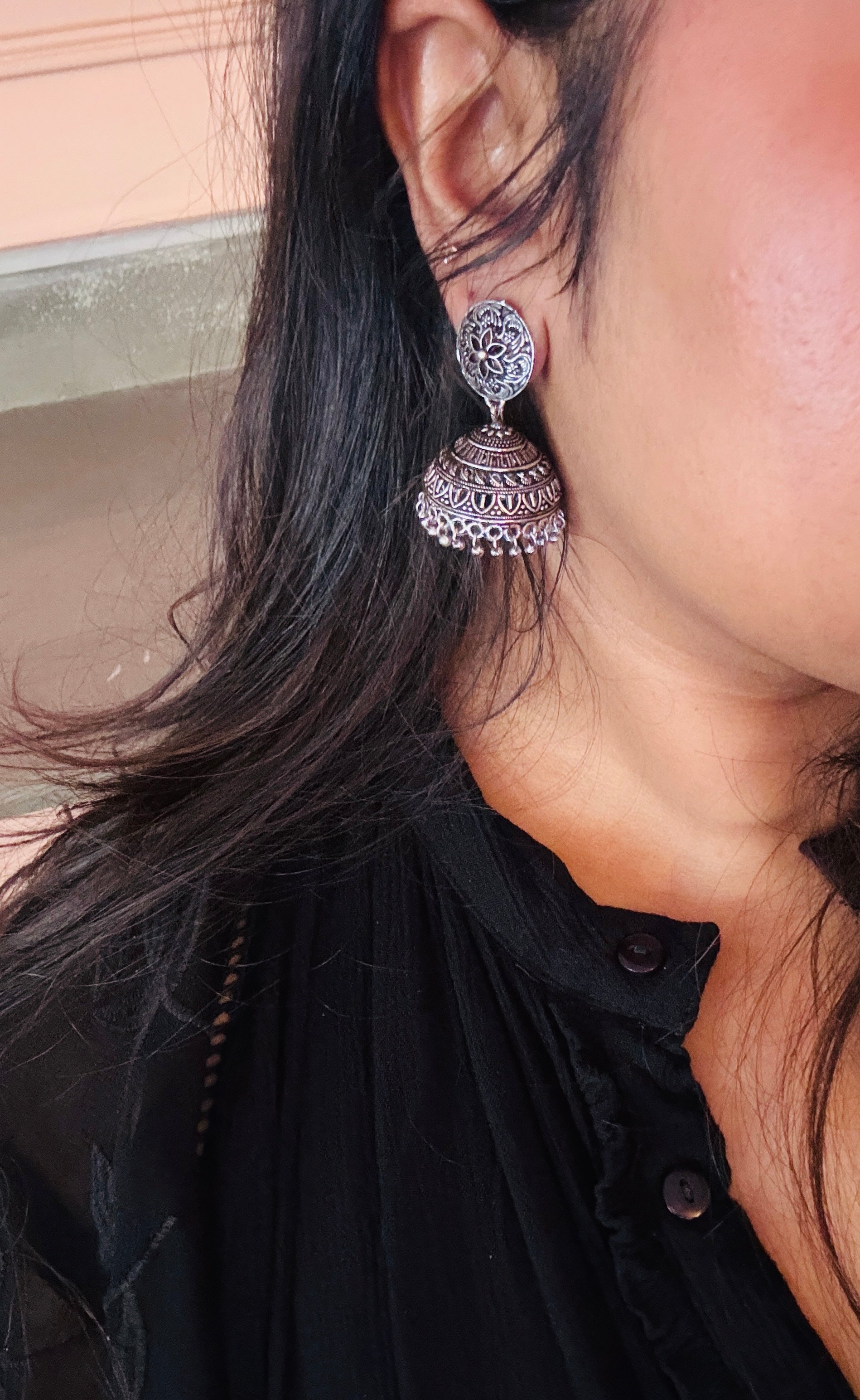 Oxidised Silver Heritage Dome Jhumkas