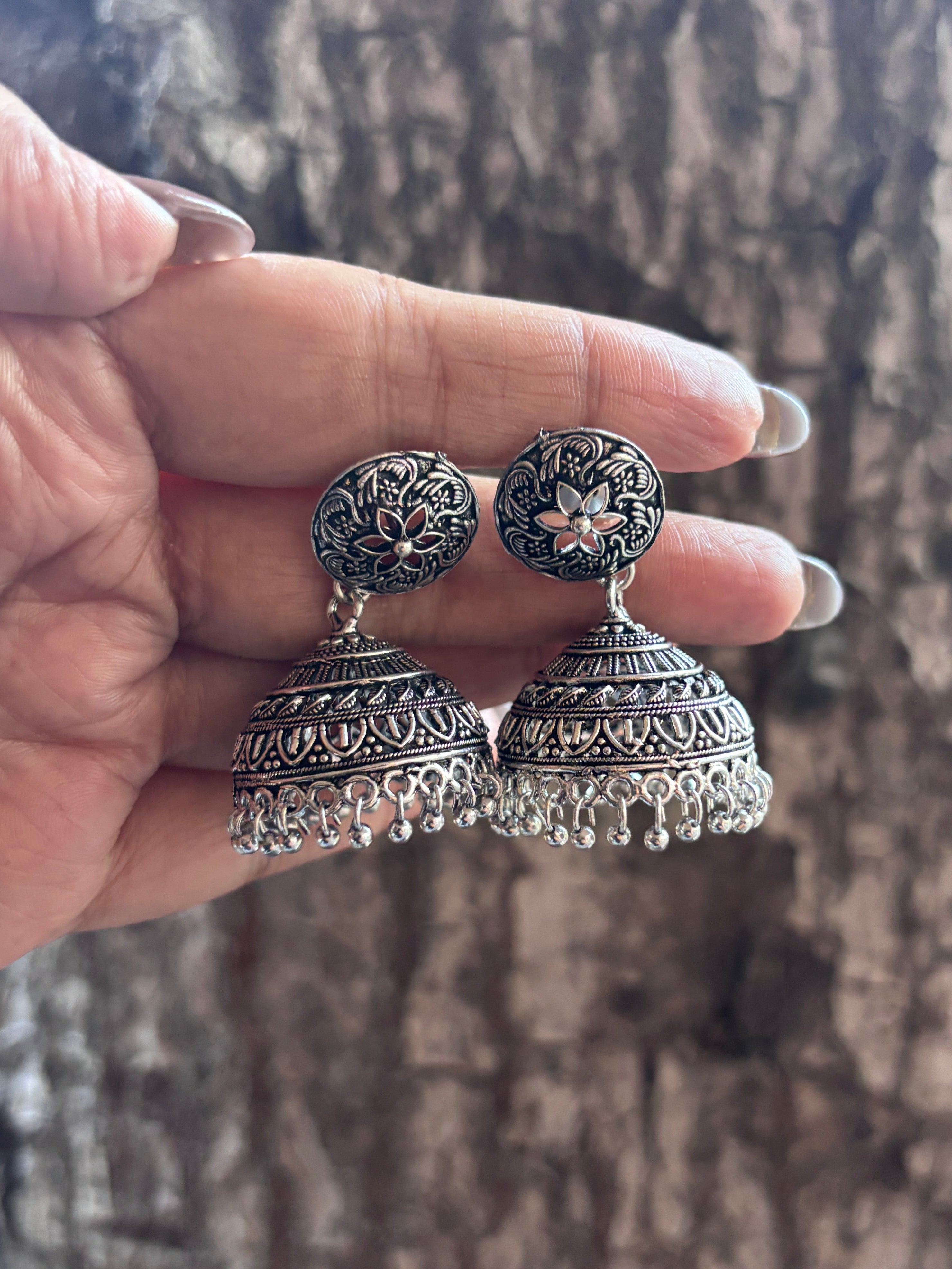 Oxidised Silver Heritage Dome Jhumkas