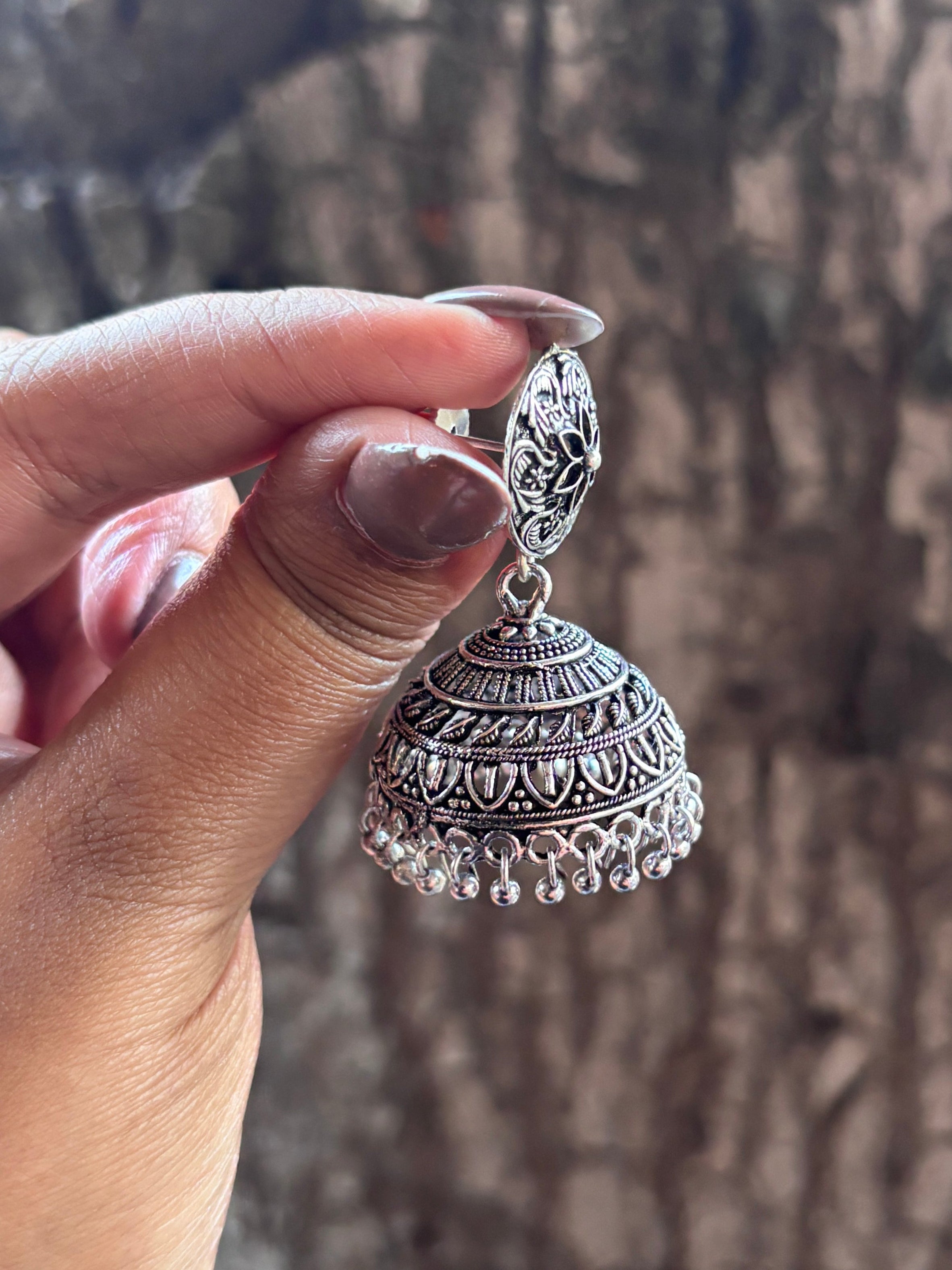 Oxidised Silver Heritage Dome Jhumkas