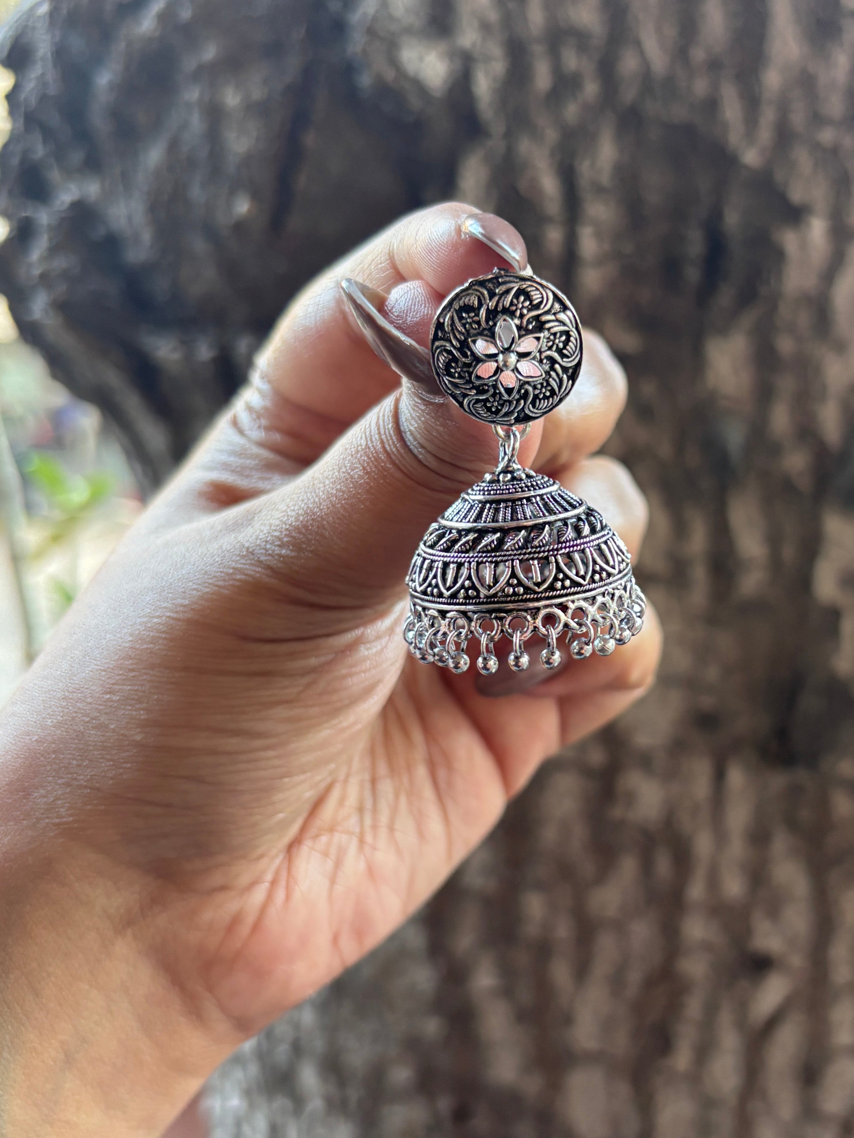 Oxidised Silver Heritage Dome Jhumkas