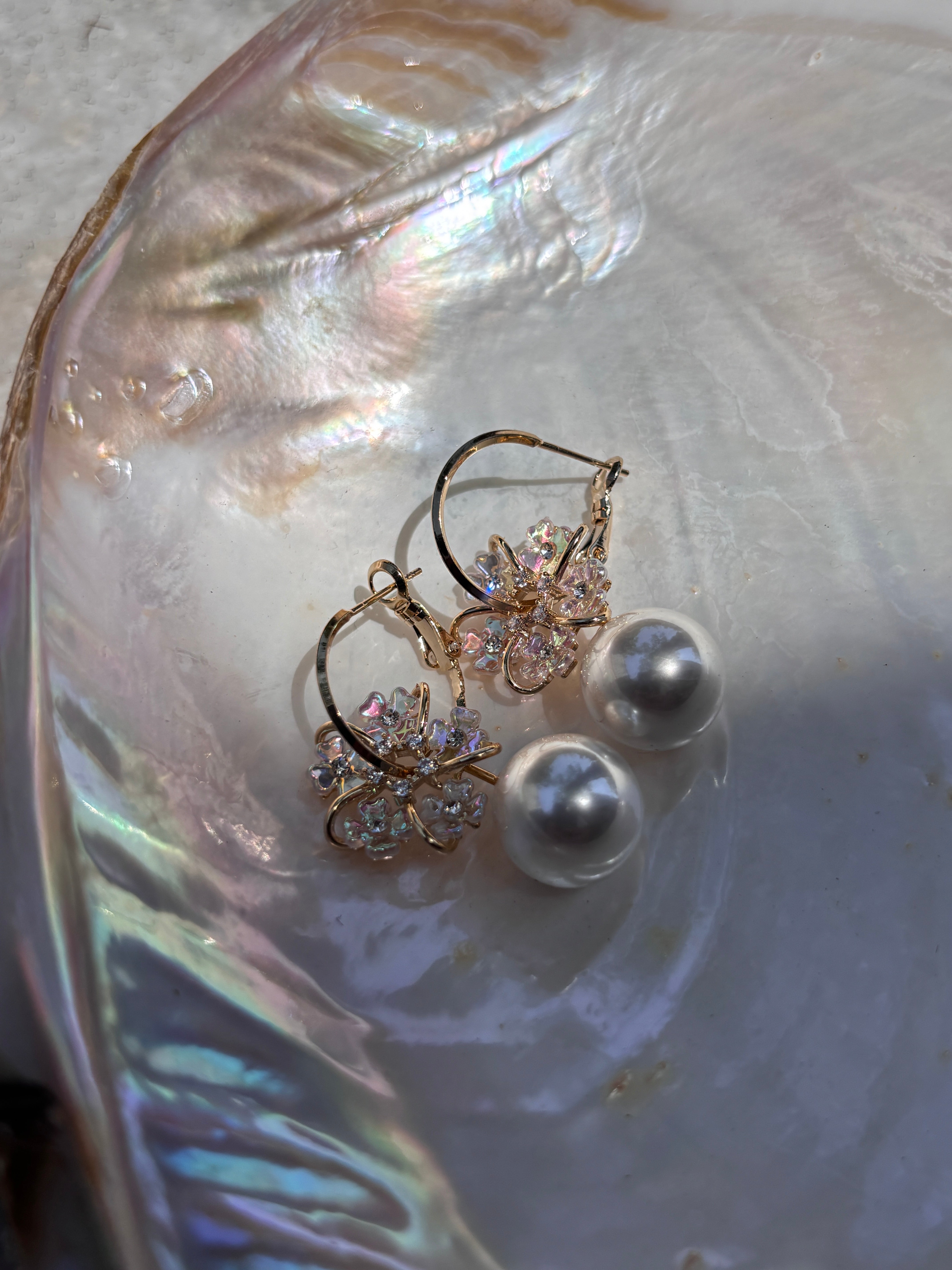 Paradise Flower and Pearl Hoop Earrings