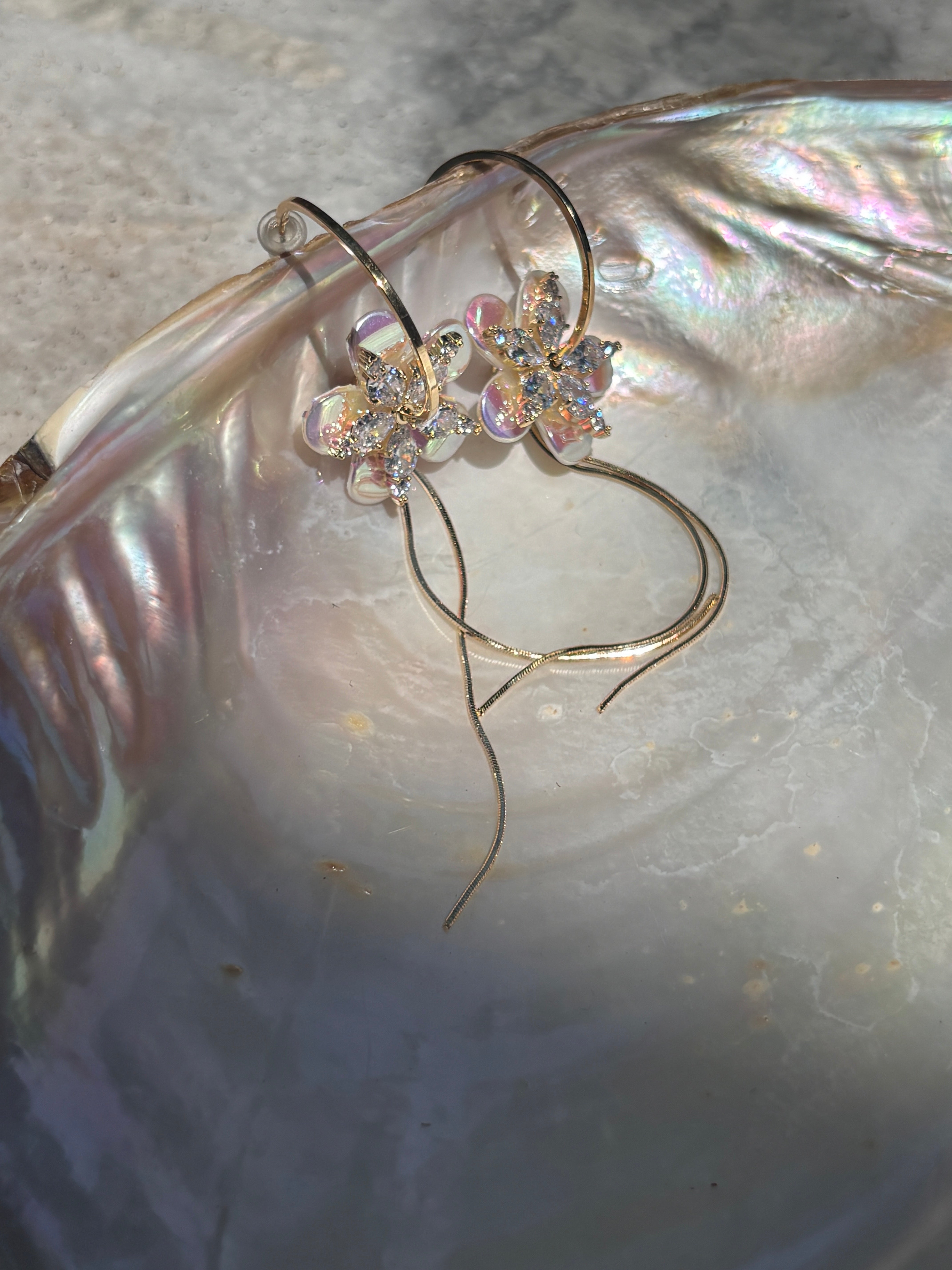Holographic Double Layered Flower Hoop Earrings - with American Diamonds