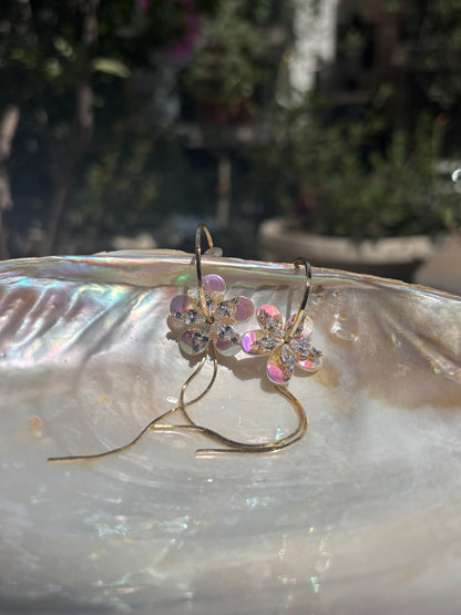 Holographic Double Layered Flower Hoop Earrings - with American Diamonds