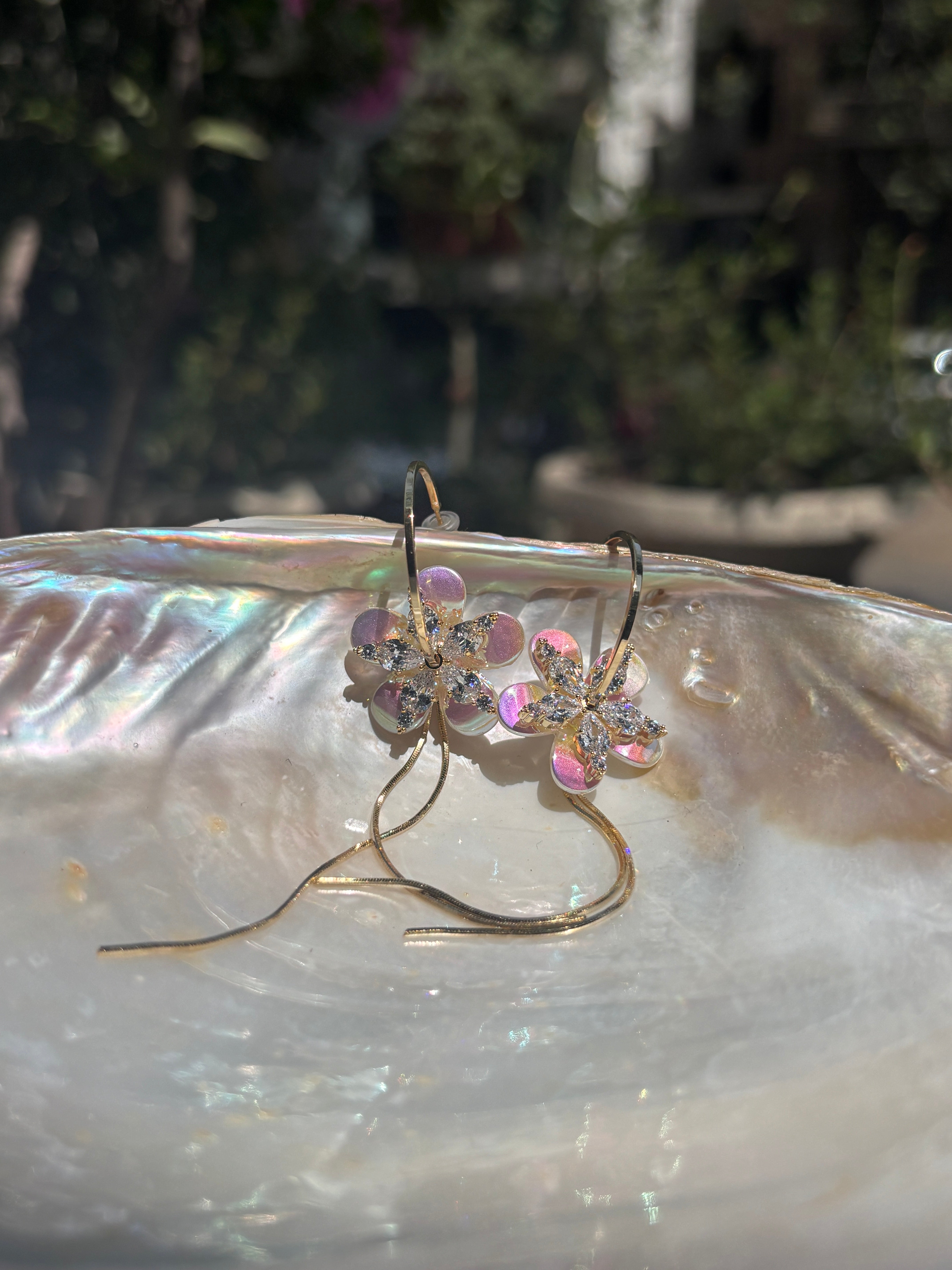 Holographic Double Layered Flower Hoop Earrings - with American Diamonds