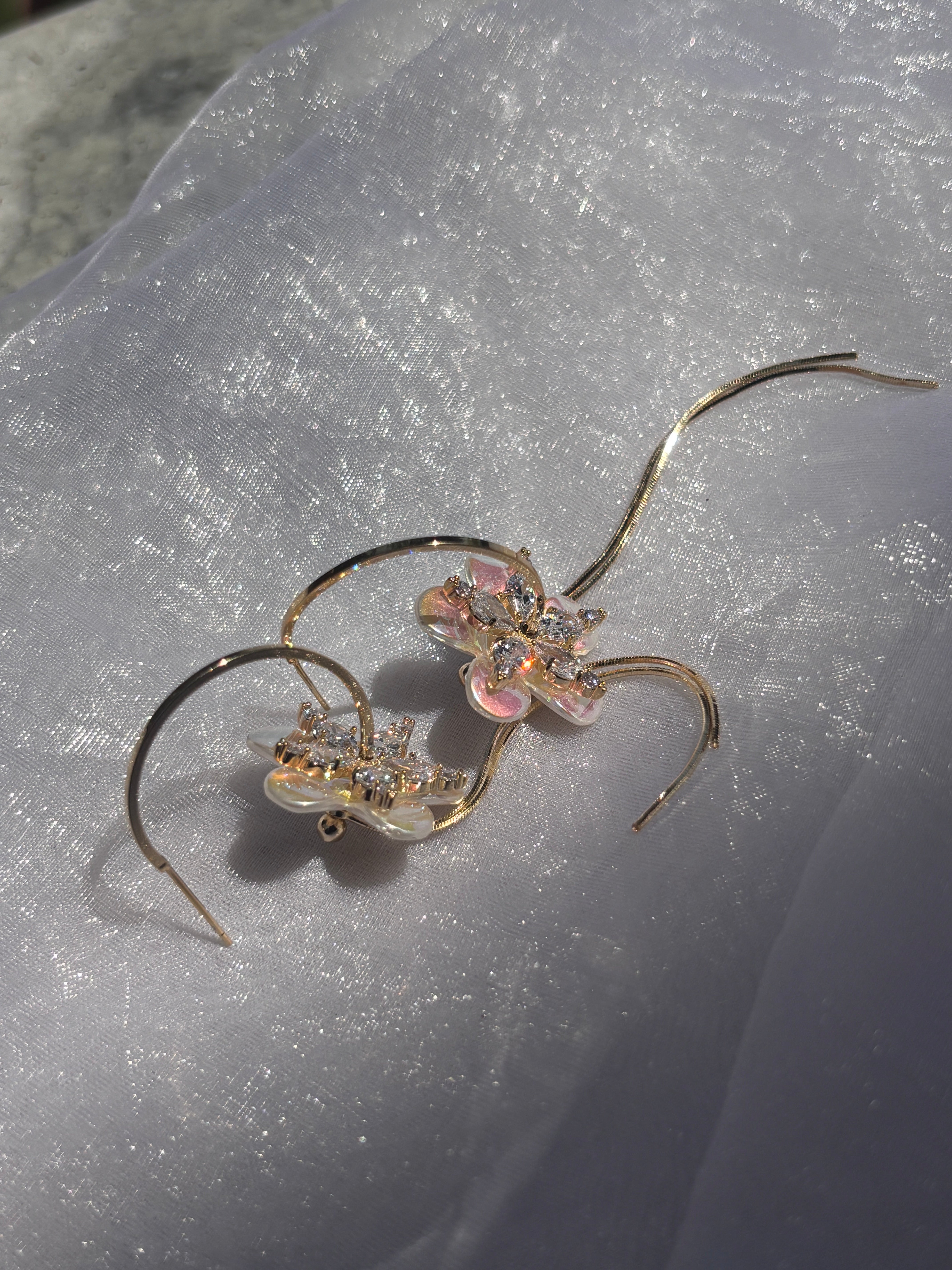 Holographic Double Layered Flower Hoop Earrings - with American Diamonds