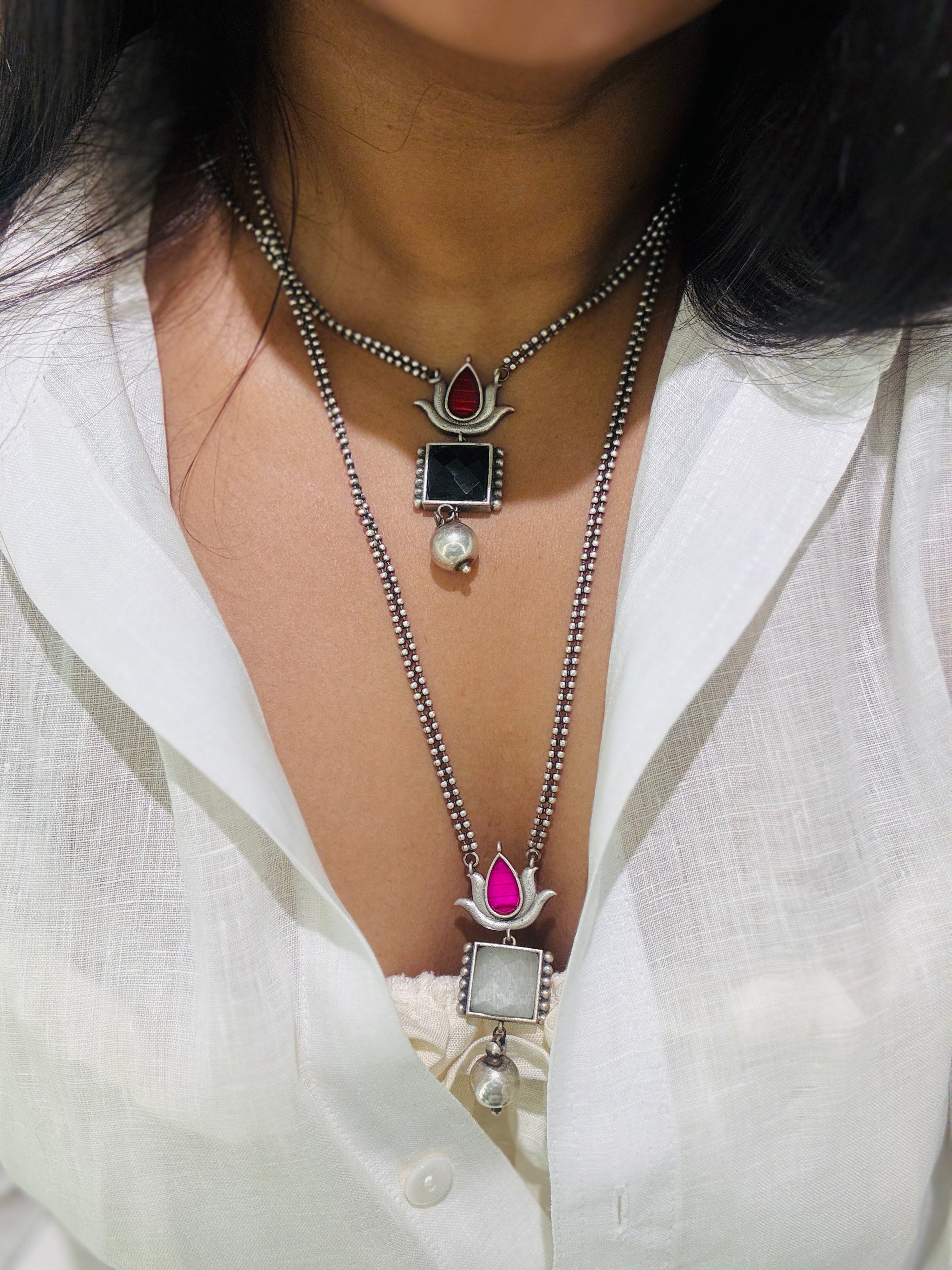 Dual Lotus Drop Necklace Set