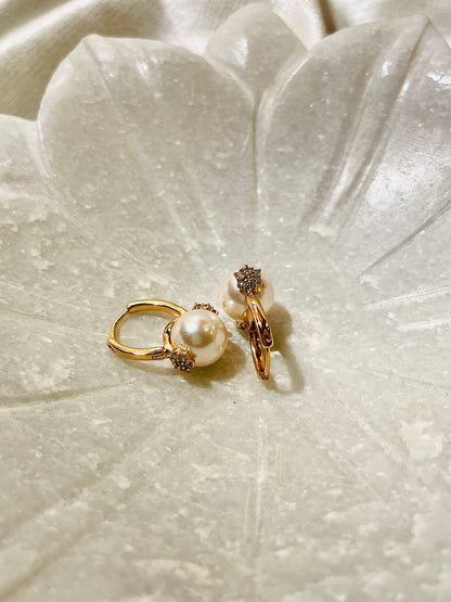 Pearl and Rhinestone Small Hoop Earrings