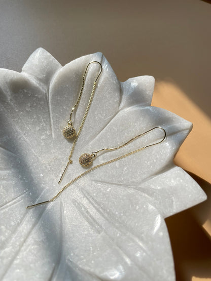 Rhodium Sphere Thread and Needle Earrings