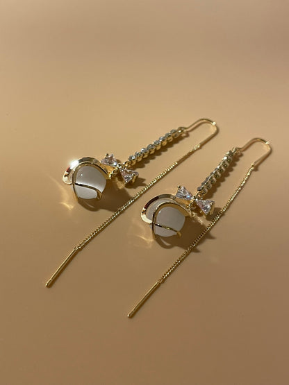 Crystal Bow Thread and Needle Earrings