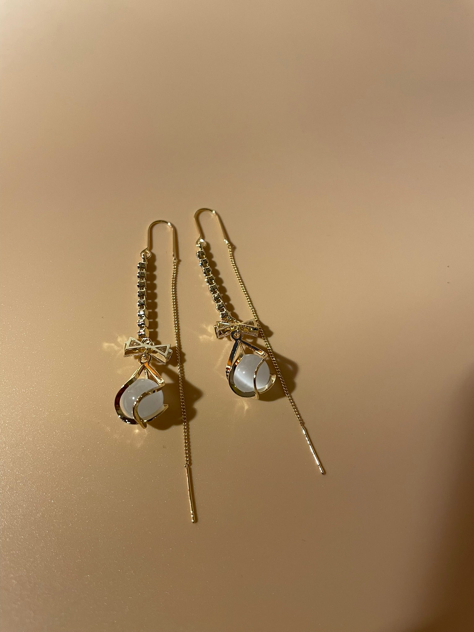 Crystal Bow Thread and Needle Earrings