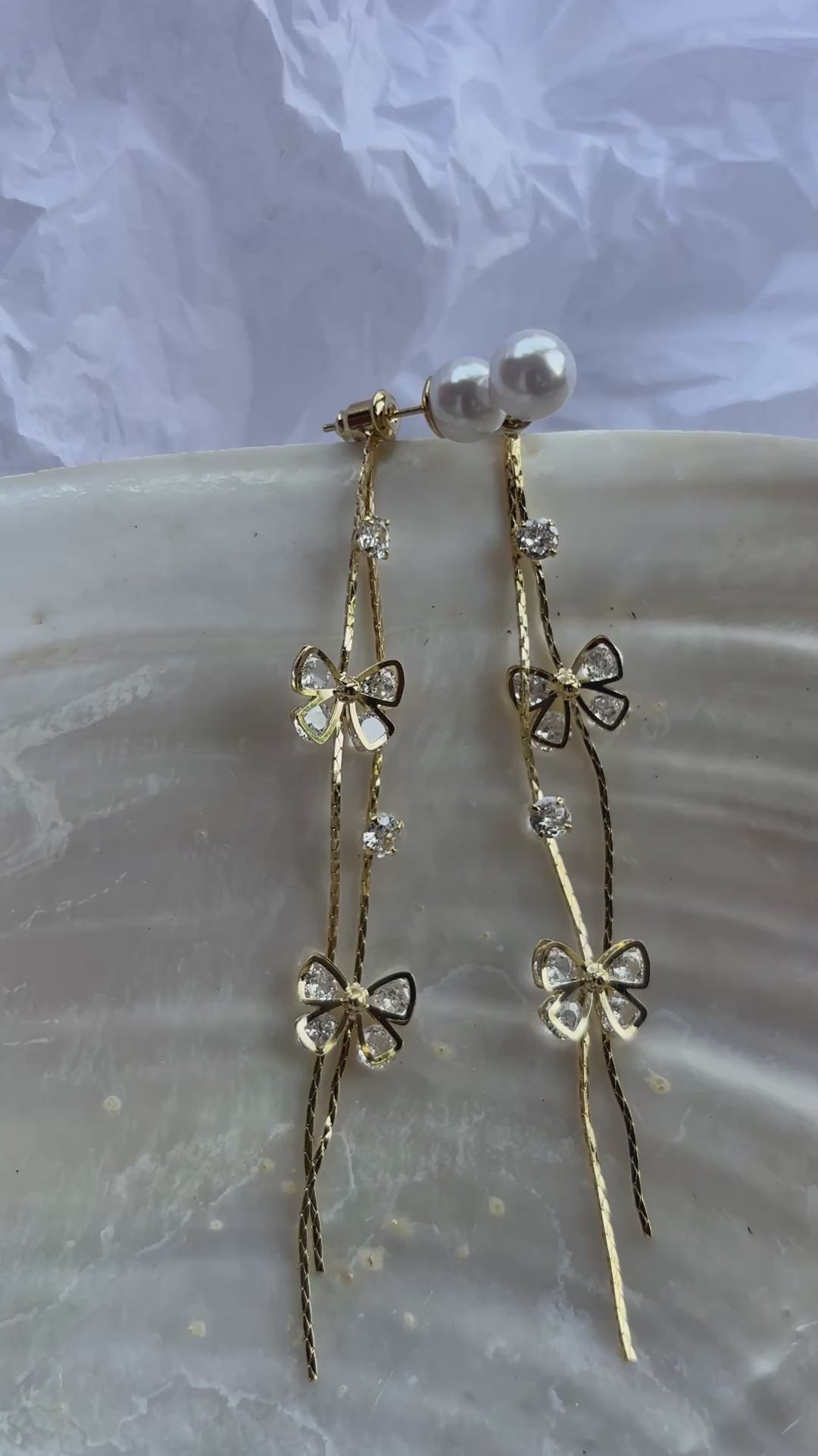 Load video: Pearl &amp; Crystal Monarch Butterfly Dangler Earrings