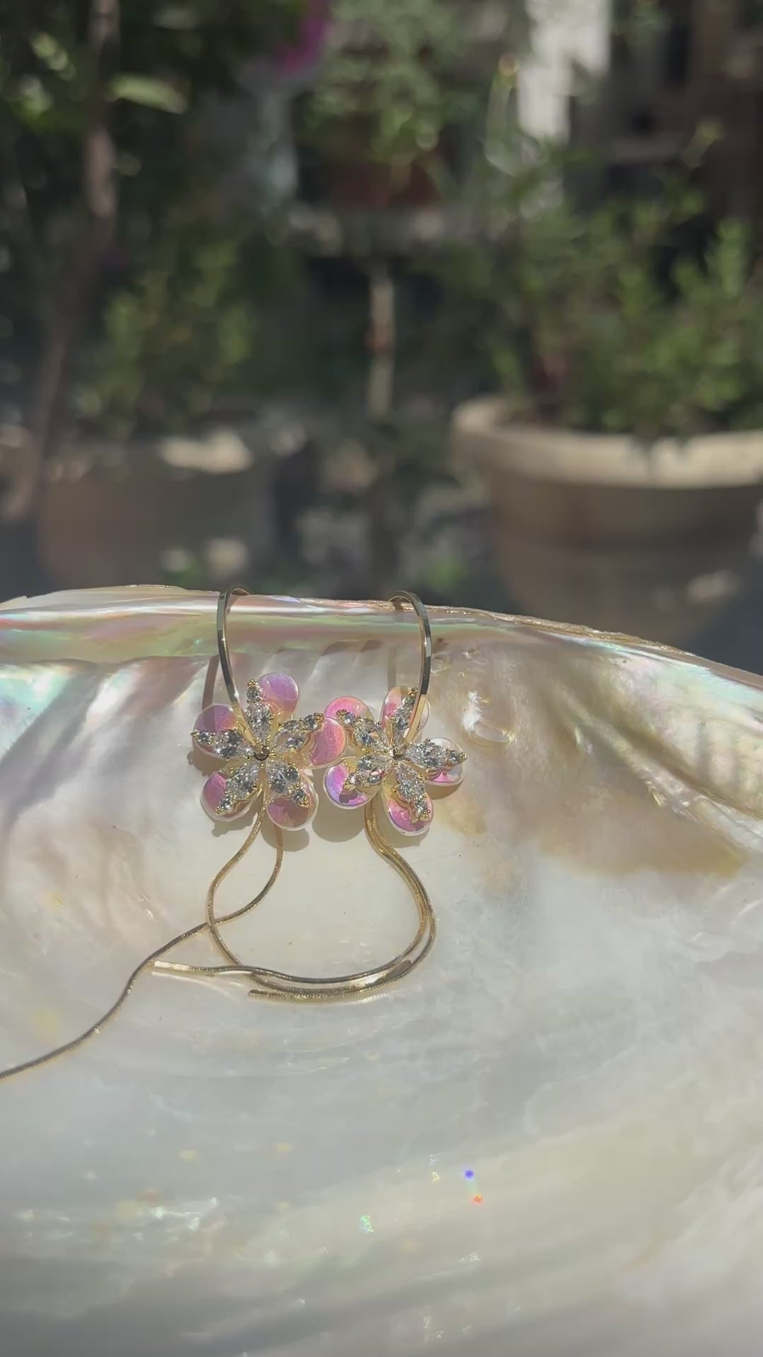 Holographic Double Layered Flower Hoop Earrings - with American Diamonds