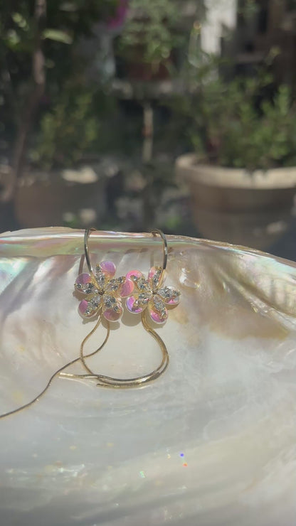 Holographic Double Layered Flower Hoop Earrings - with American Diamonds